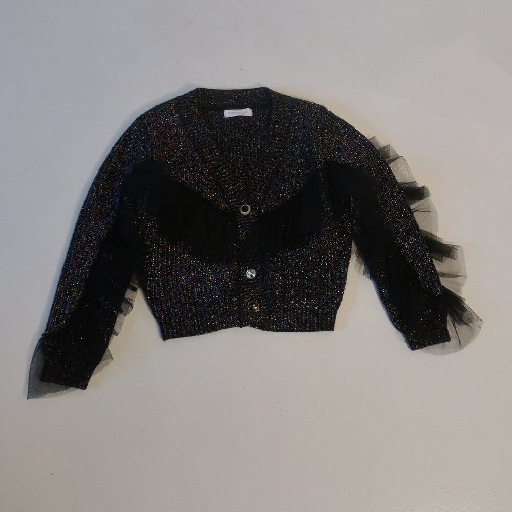 Kids Girls Monnalisa Black Metallic V-Neck Chunky Knit Tulle Trim Cardigan 8